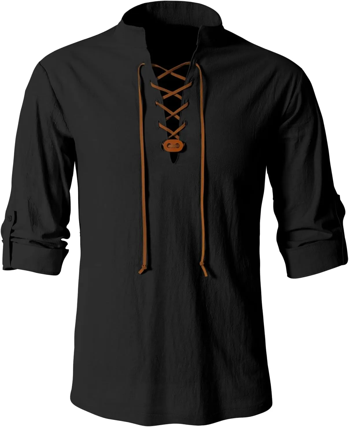 Men's Retro Viking Pirate Medieval Renaissance Steampunk Long Sleeved Lace Up Cotton Linen Henry Shirt Scottish Style Tops