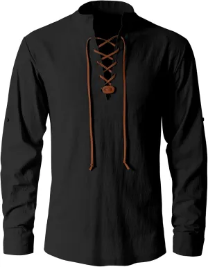 Men's Retro Viking Pirate Medieval Renaissance Steampunk Long Sleeved Lace Up Cotton Linen Henry Shirt Scottish Style Tops