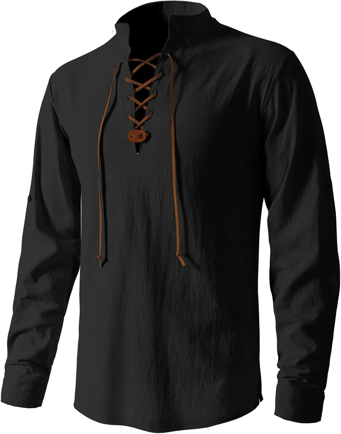 Men's Retro Viking Pirate Medieval Renaissance Steampunk Long Sleeved Lace Up Cotton Linen Henry Shirt Scottish Style Tops