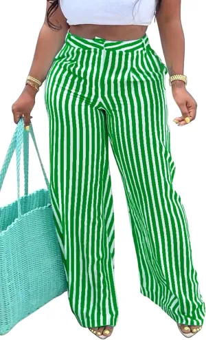MESLIMA Women's Button Closure High Waist Trousers Fashion Striped Print Summer Loose Wide Leg Pants