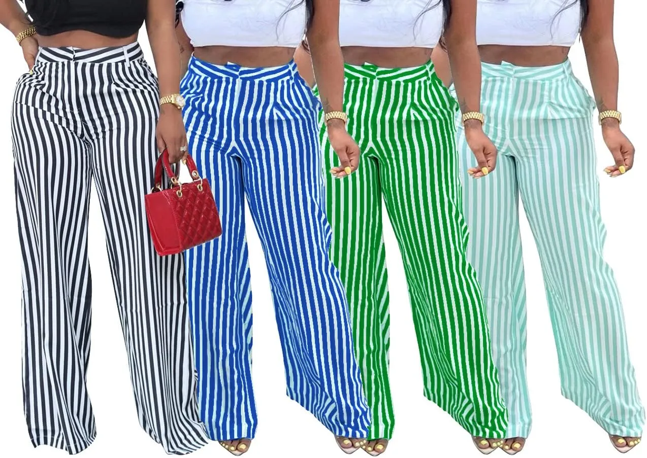 MESLIMA Women's Button Closure High Waist Trousers Fashion Striped Print Summer Loose Wide Leg Pants