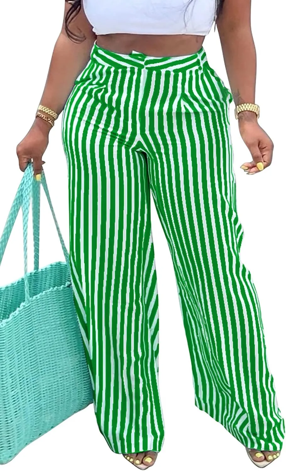 MESLIMA Women's Button Closure High Waist Trousers Fashion Striped Print Summer Loose Wide Leg Pants