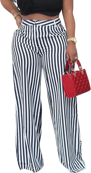 MESLIMA Women's Button Closure High Waist Trousers Fashion Striped Print Summer Loose Wide Leg Pants