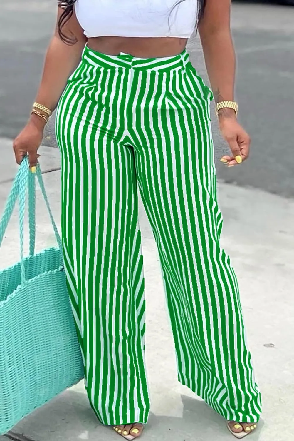 MESLIMA Women's Button Closure High Waist Trousers Fashion Striped Print Summer Loose Wide Leg Pants
