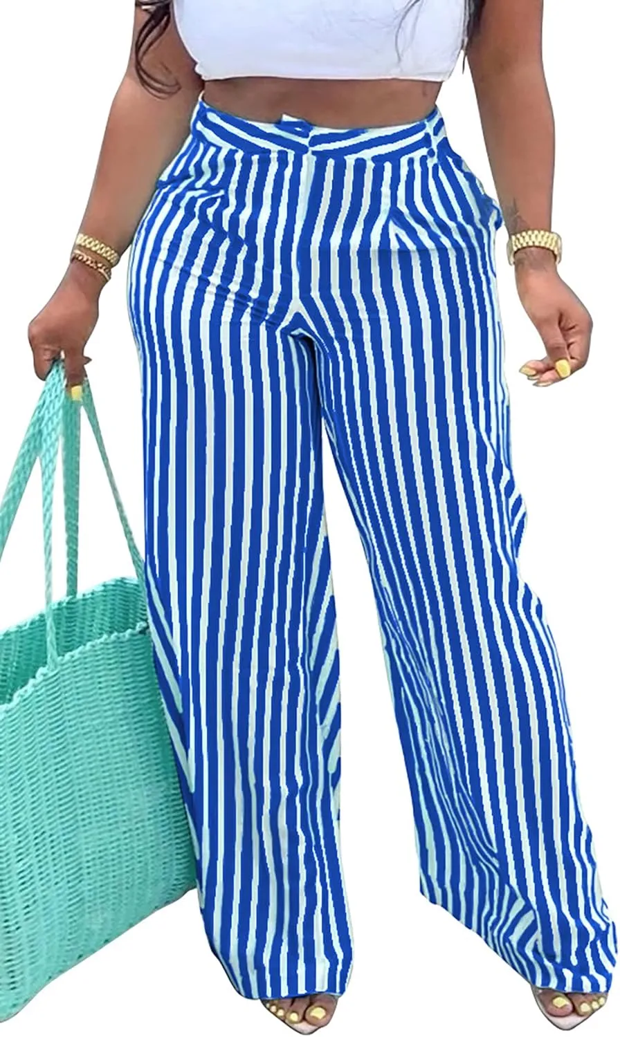 MESLIMA Women's Button Closure High Waist Trousers Fashion Striped Print Summer Loose Wide Leg Pants