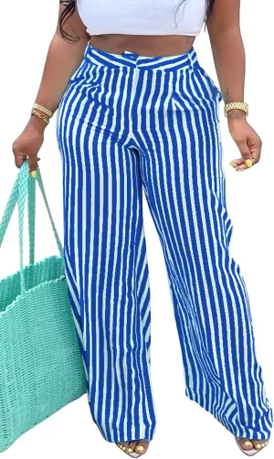 MESLIMA Women's Button Closure High Waist Trousers Fashion Striped Print Summer Loose Wide Leg Pants