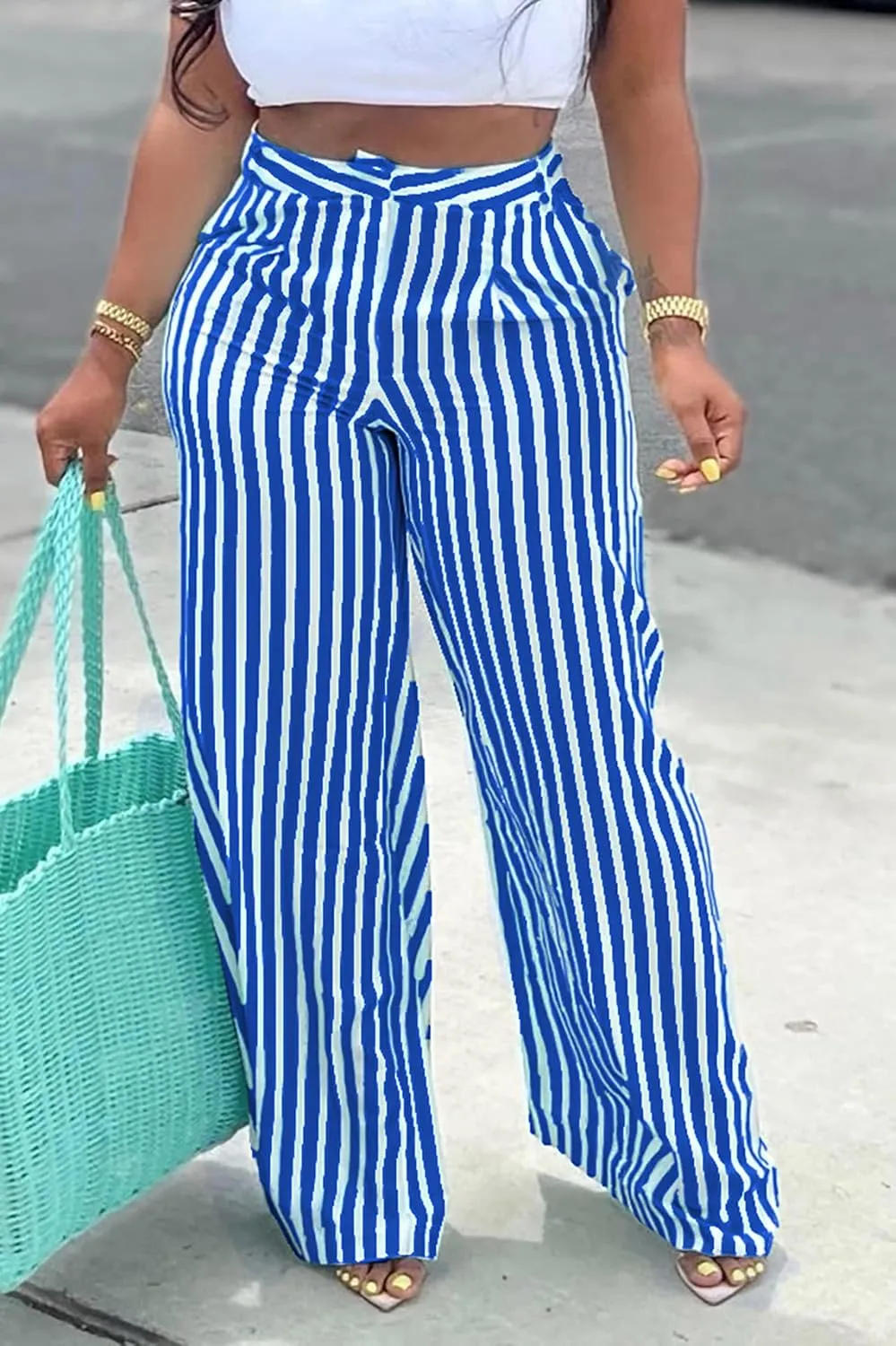 MESLIMA Women's Button Closure High Waist Trousers Fashion Striped Print Summer Loose Wide Leg Pants