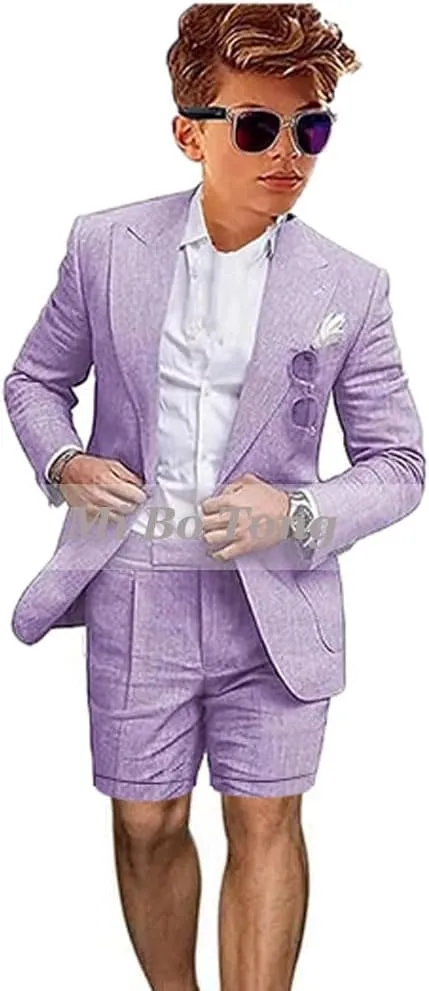 Mi Bo Tong Boys Linen Summer Suit 2 PC Blazer and Shorts Set Beach Wedding Tuxedos for Kids Boys Ring Bearer Outfit