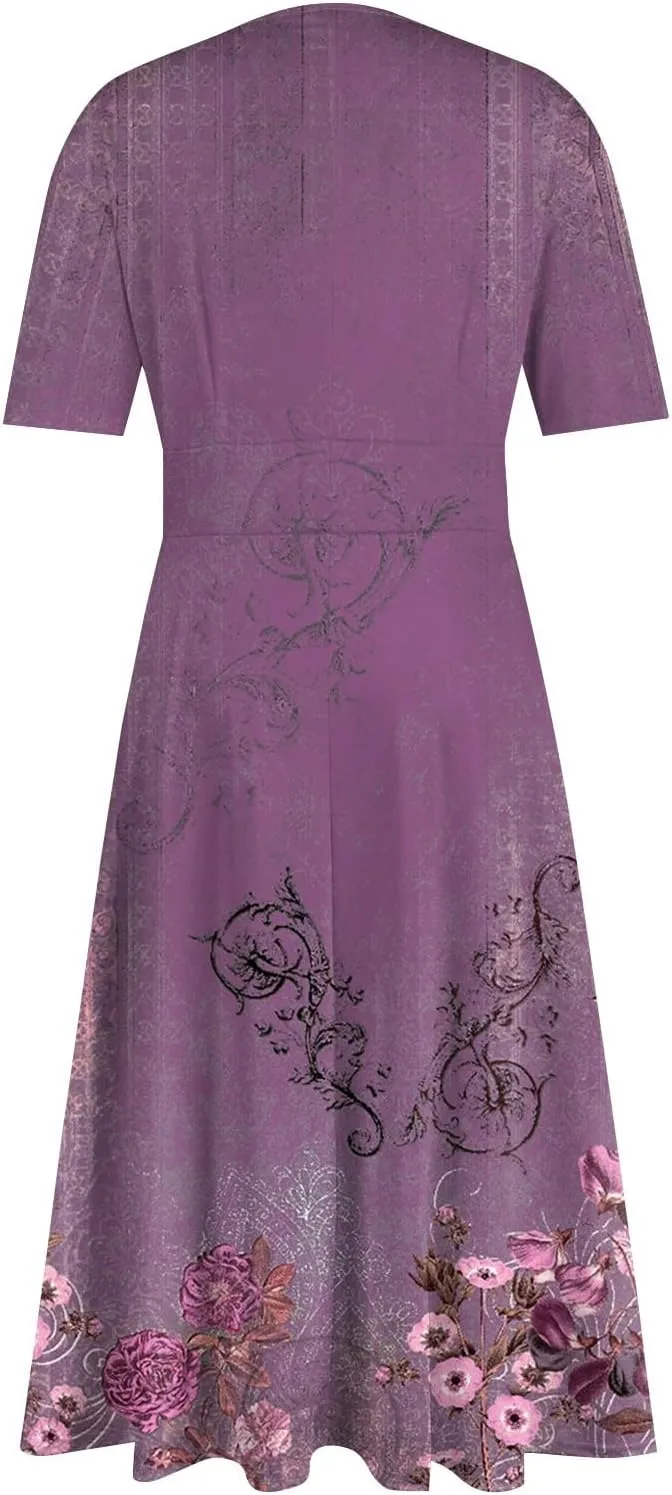 Midi Dresses for Women A-Line Waist V Neck Beach Dress Printing Swing Dress Short Sleeve Comfy Maxi Dresses