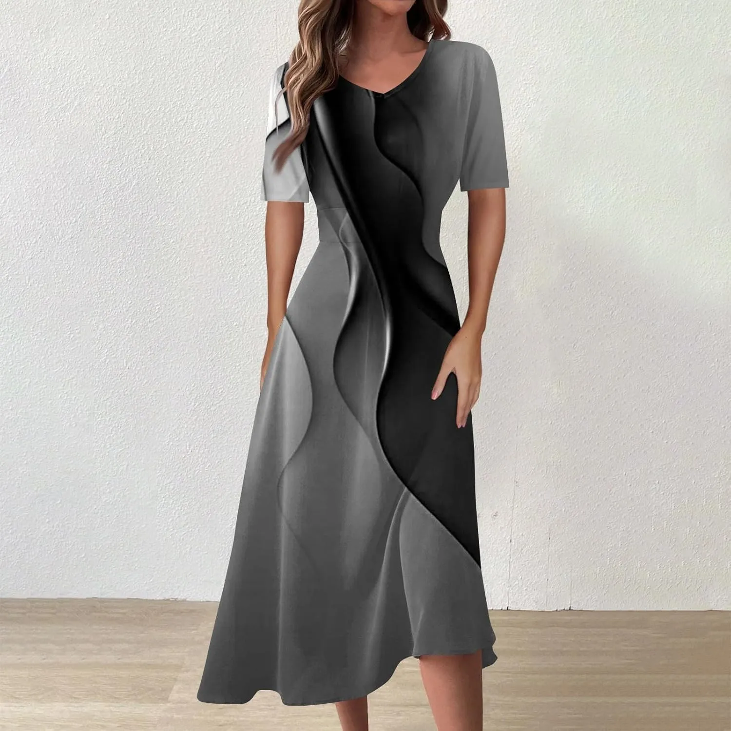 Midi Dresses for Women A-Line Waist V Neck Beach Dress Printing Swing Dress Short Sleeve Comfy Maxi Dresses