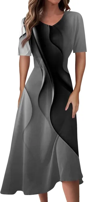 Midi Dresses for Women A-Line Waist V Neck Beach Dress Printing Swing Dress Short Sleeve Comfy Maxi Dresses