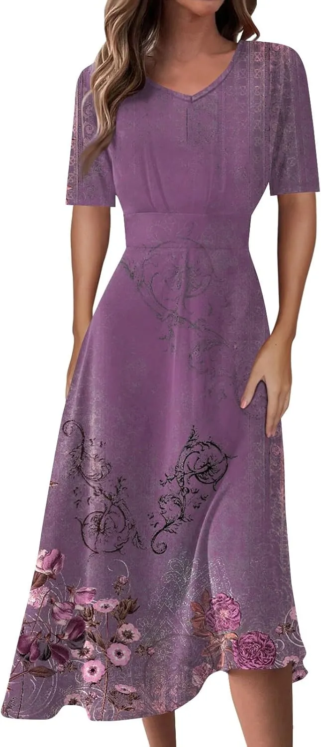 Midi Dresses for Women A-Line Waist V Neck Beach Dress Printing Swing Dress Short Sleeve Comfy Maxi Dresses
