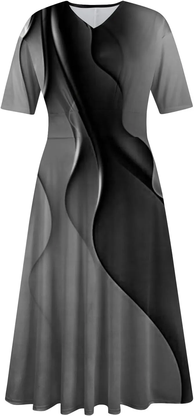 Midi Dresses for Women A-Line Waist V Neck Beach Dress Printing Swing Dress Short Sleeve Comfy Maxi Dresses