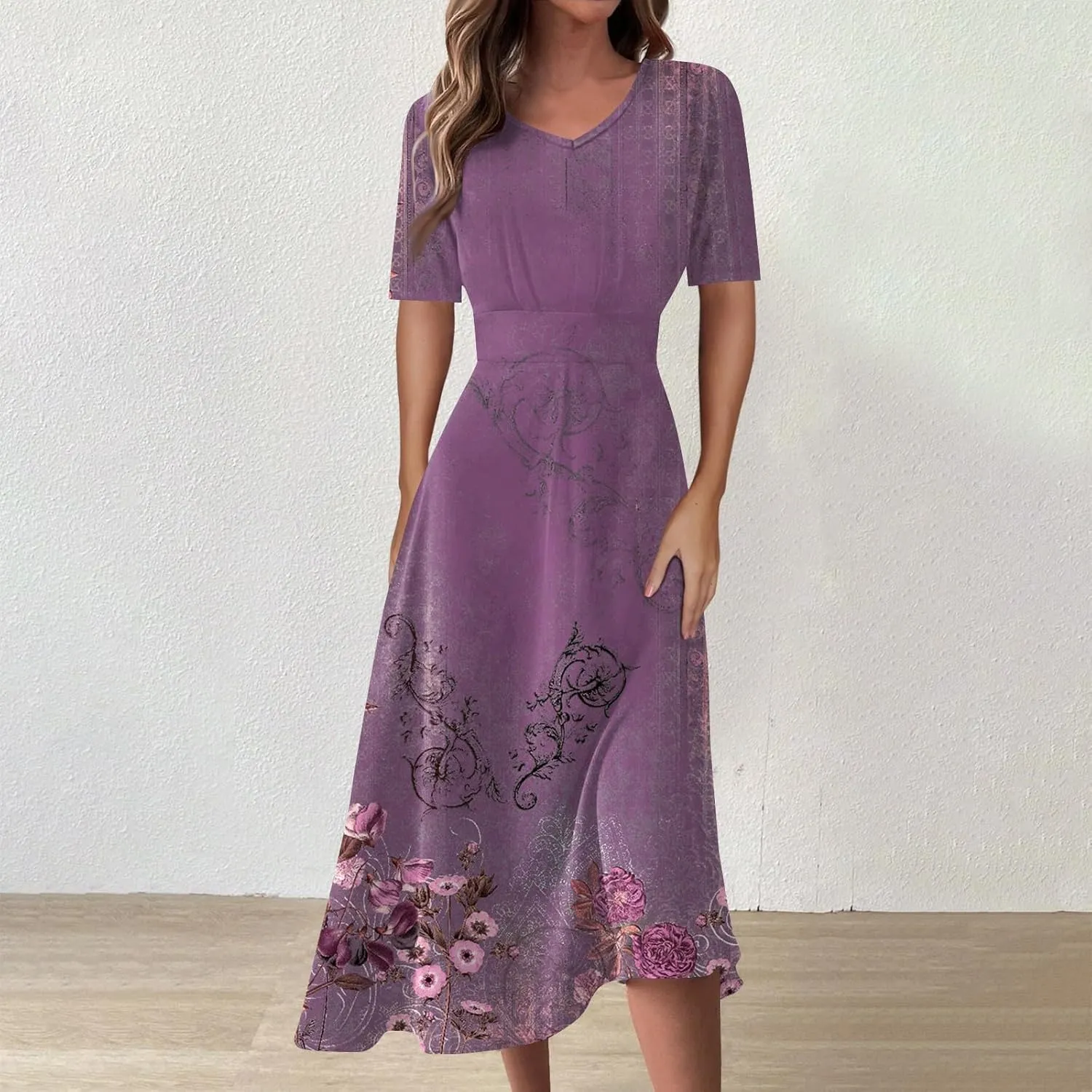 Midi Dresses for Women A-Line Waist V Neck Beach Dress Printing Swing Dress Short Sleeve Comfy Maxi Dresses