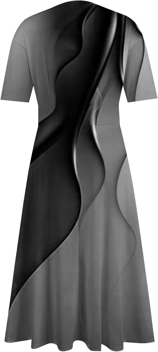 Midi Dresses for Women A-Line Waist V Neck Beach Dress Printing Swing Dress Short Sleeve Comfy Maxi Dresses