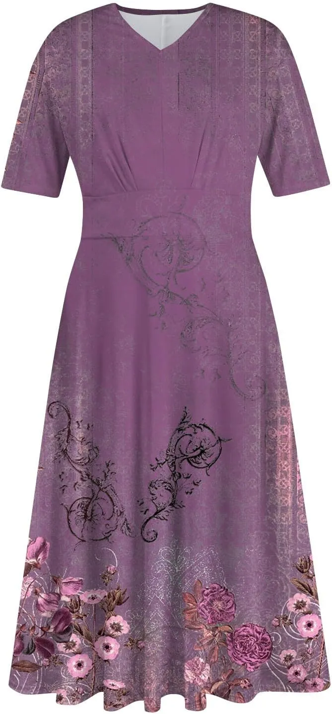 Midi Dresses for Women A-Line Waist V Neck Beach Dress Printing Swing Dress Short Sleeve Comfy Maxi Dresses