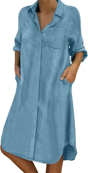 Midi Length Dresses Loose Denim Casual Dress Women Button Long Sleeve Solid Pocket V Plus Size Summer Dresses