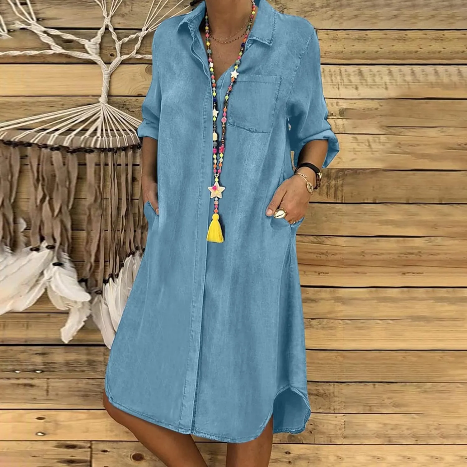 Midi Length Dresses Loose Denim Casual Dress Women Button Long Sleeve Solid Pocket V Plus Size Summer Dresses