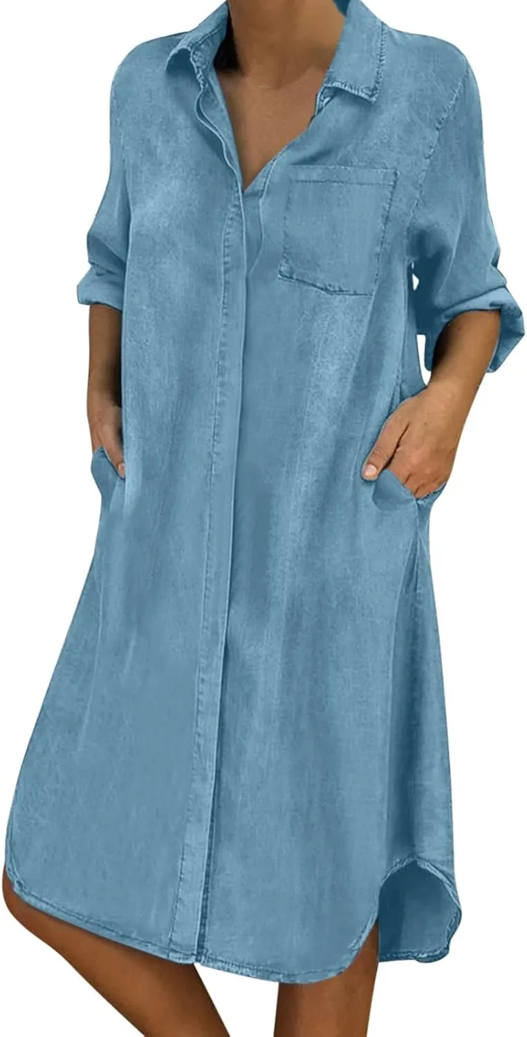 Midi Length Dresses Loose Denim Casual Dress Women Button Long Sleeve Solid Pocket V Plus Size Summer Dresses