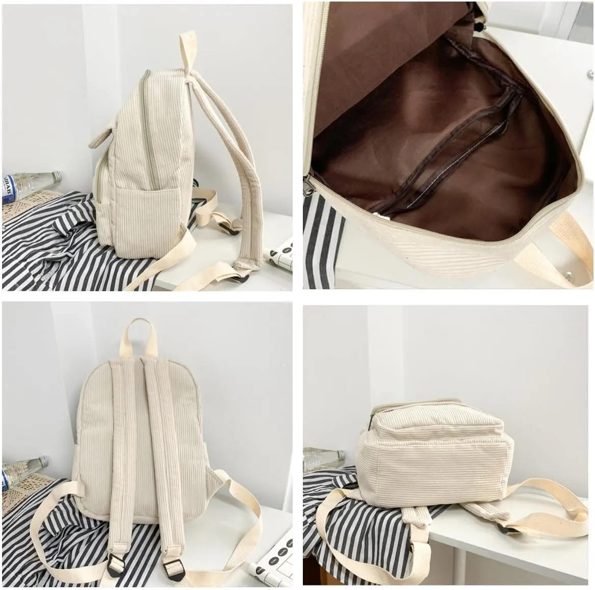 Mini Backpack for Women Small Backpack Purse Aesthetic Backpack Tiny Corduroy Backpack Light Weight (Beige)