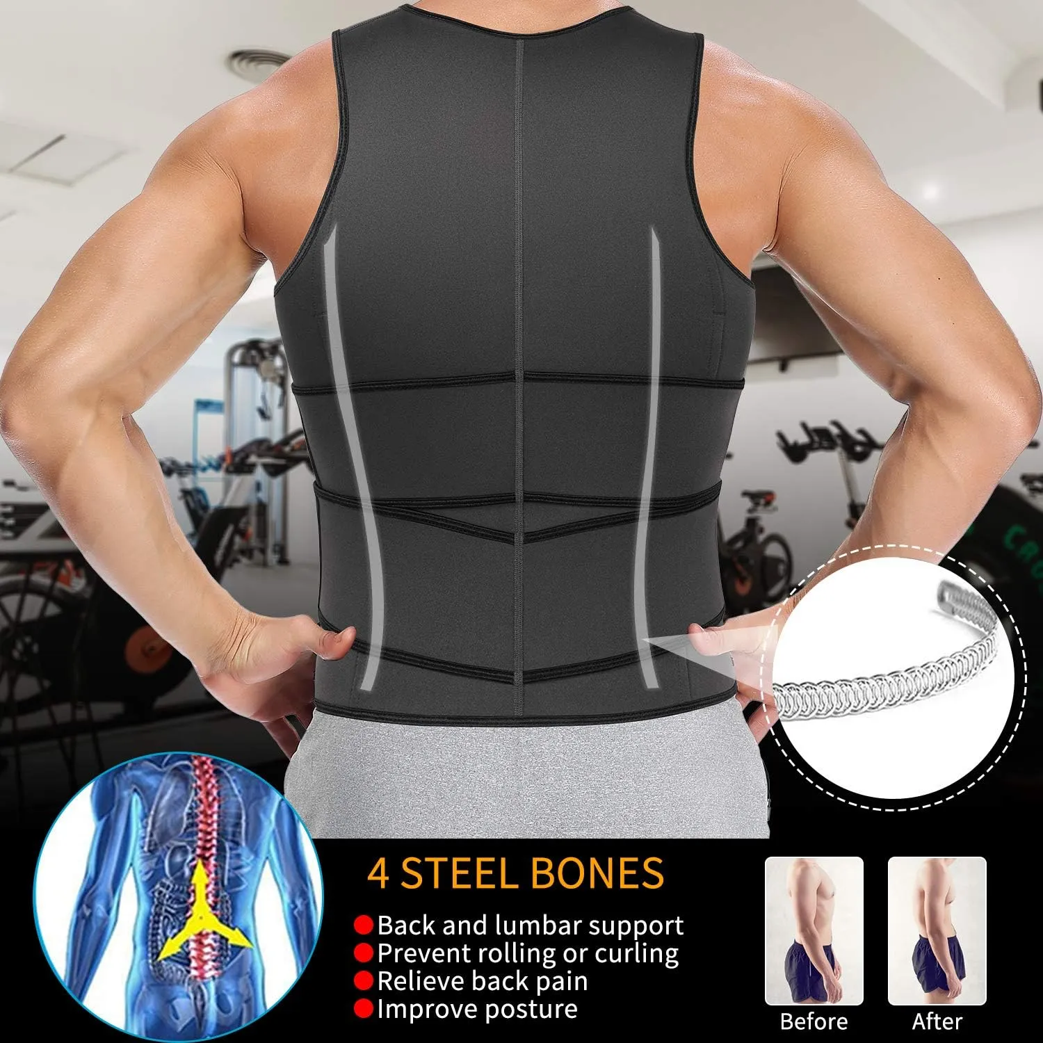 MISS MOLY Men's Sauna Waist Trainer Vest Sweat Vest with Trimmer Belt Workout Tank Top Body Shaper