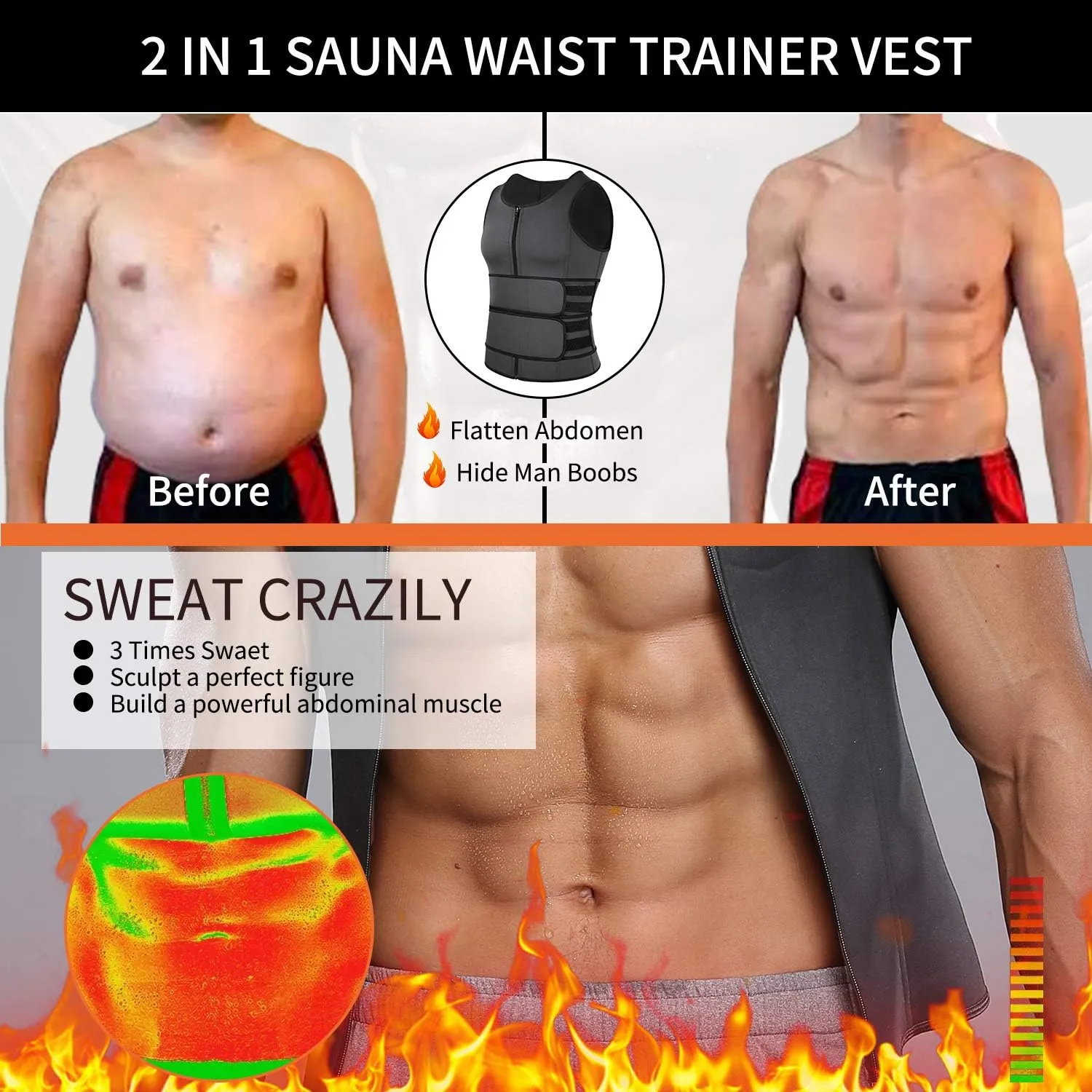 MISS MOLY Men's Sauna Waist Trainer Vest Sweat Vest with Trimmer Belt Workout Tank Top Body Shaper