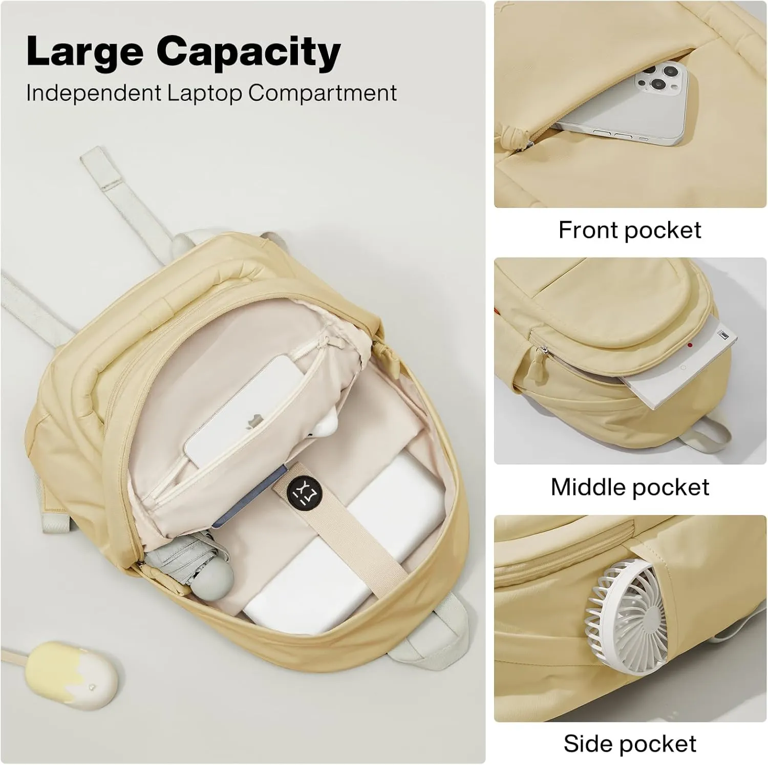 mixi Sweet Design Women Backpack Cute Book Bag with Shockproof 15.6" Laptop Pocket Casual Daily Light Weight, Creamy Yellow
