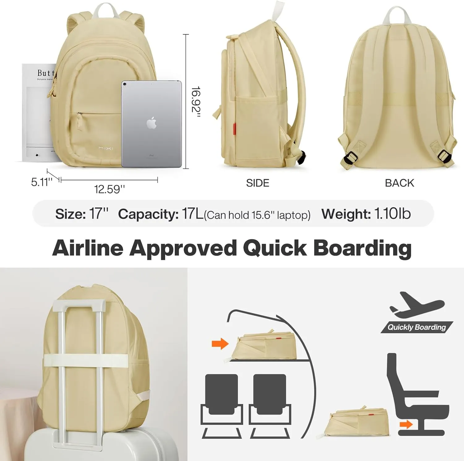 mixi Sweet Design Women Backpack Cute Book Bag with Shockproof 15.6" Laptop Pocket Casual Daily Light Weight, Creamy Yellow