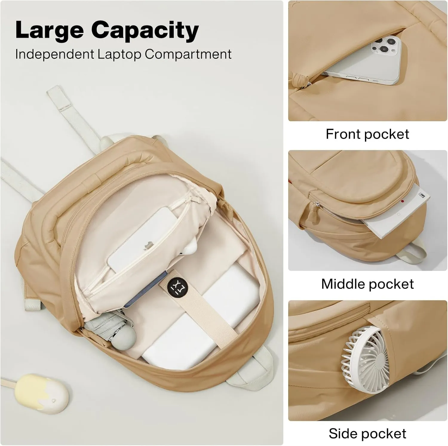 mixi Sweet Design Women Backpack Girls Cute Book Bag with Shockproof 15.6" Laptop Pocket Casual Daily Light Weight, Milky Apricot
