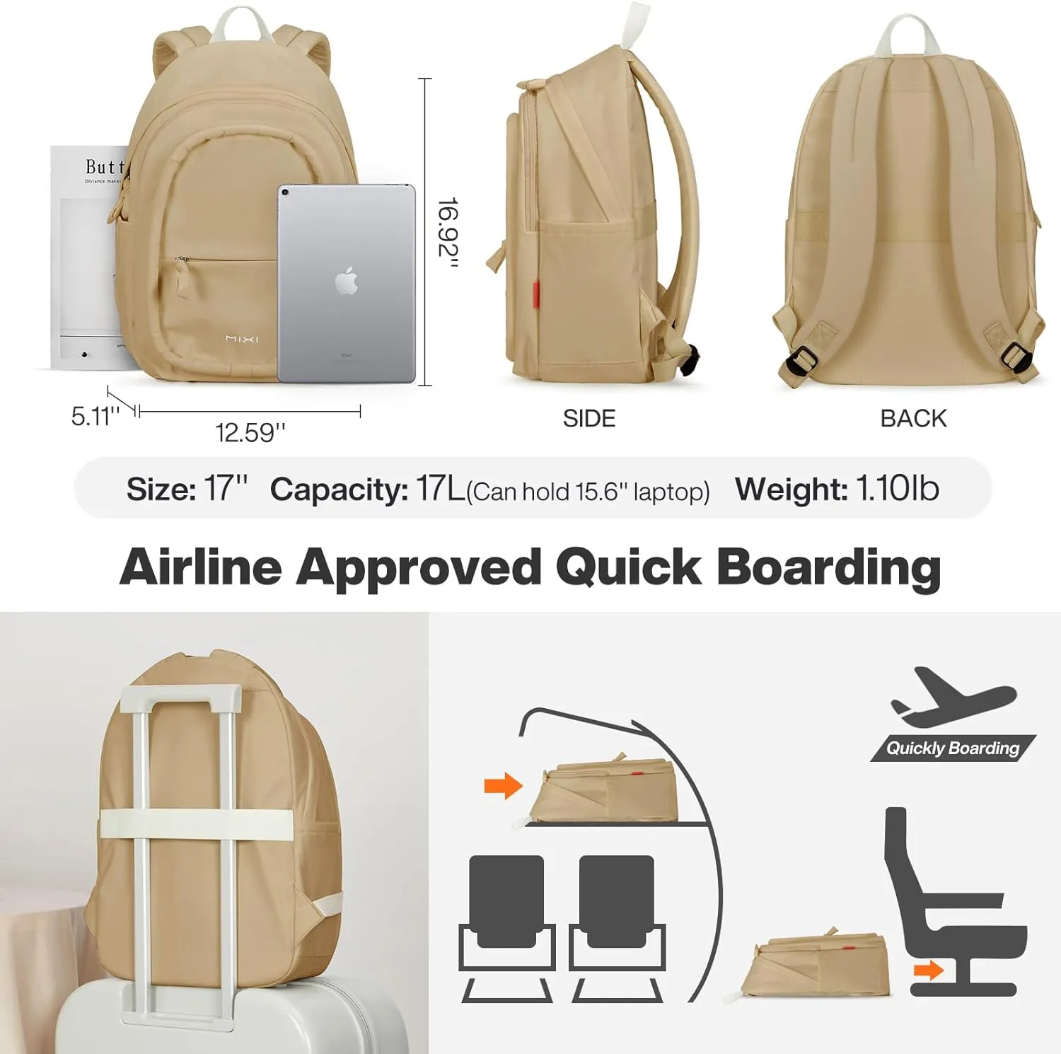 mixi Sweet Design Women Backpack Girls Cute Book Bag with Shockproof 15.6" Laptop Pocket Casual Daily Light Weight, Milky Apricot