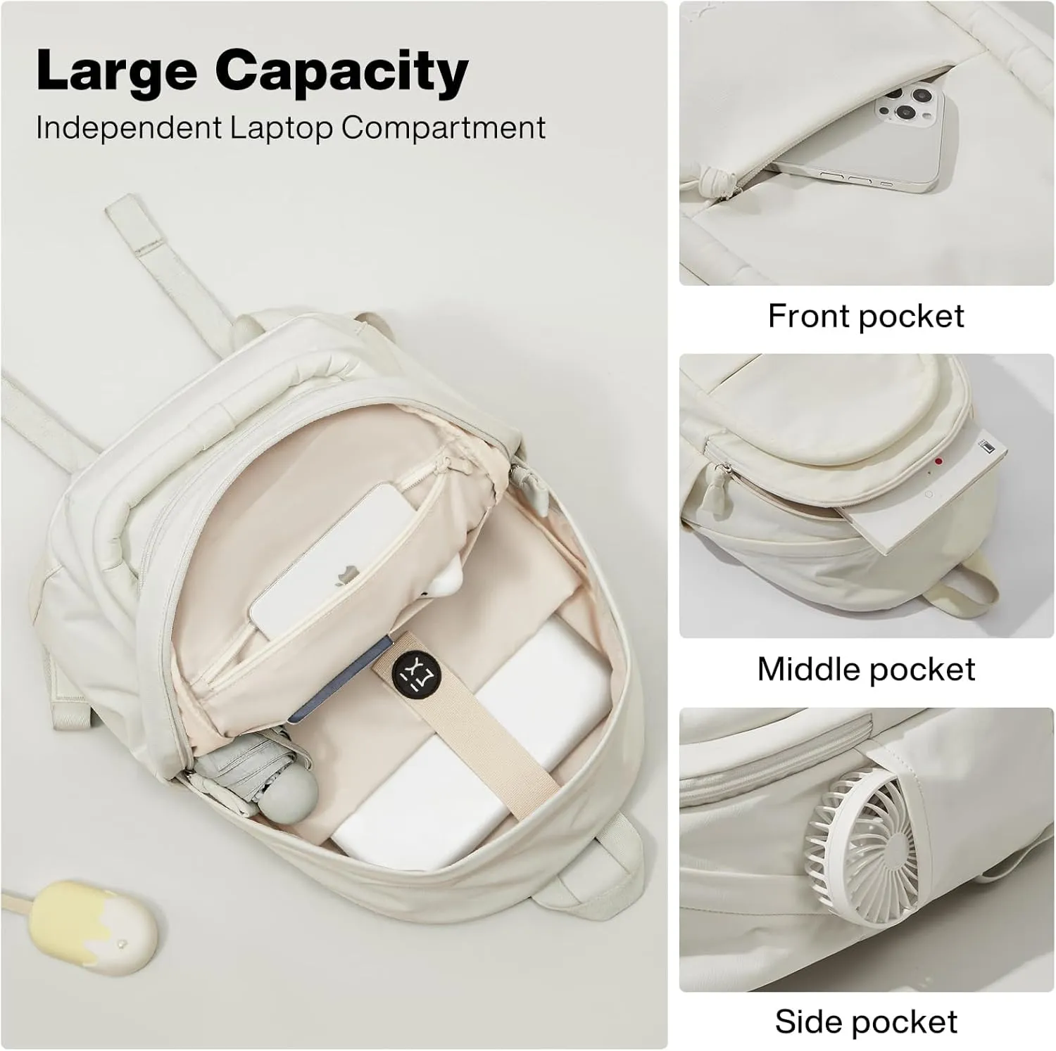 mixi Sweet Design Women Backpack Girls Cute Book Bag with Shockproof 15.6" Laptop Pocket Casual Daily Light Weight, Pearl White