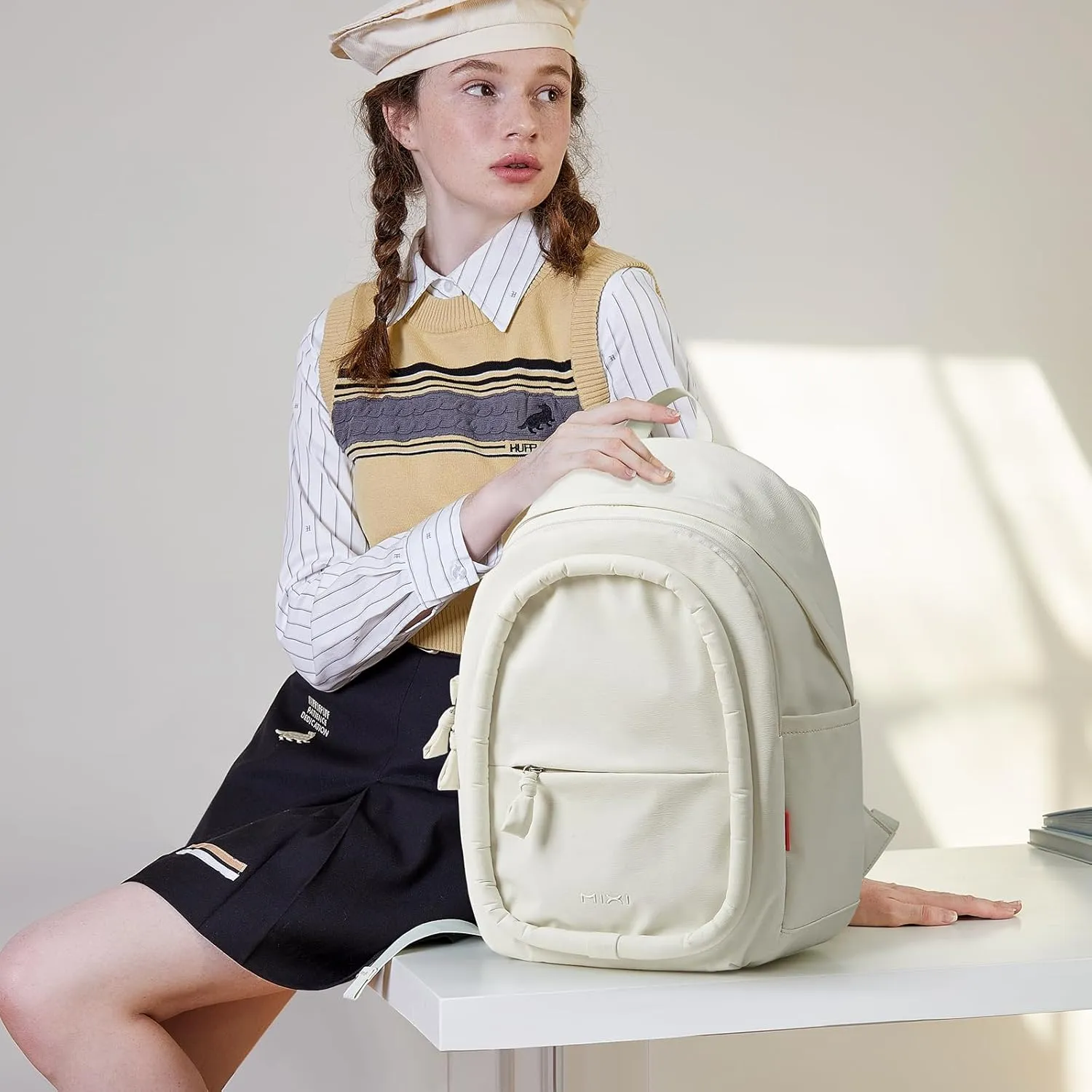 mixi Sweet Design Women Backpack Girls Cute Book Bag with Shockproof 15.6" Laptop Pocket Casual Daily Light Weight, Pearl White