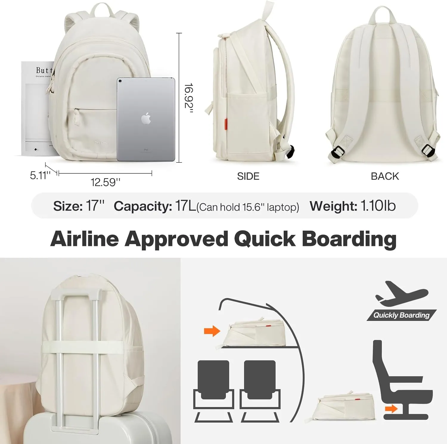 mixi Sweet Design Women Backpack Girls Cute Book Bag with Shockproof 15.6" Laptop Pocket Casual Daily Light Weight, Pearl White
