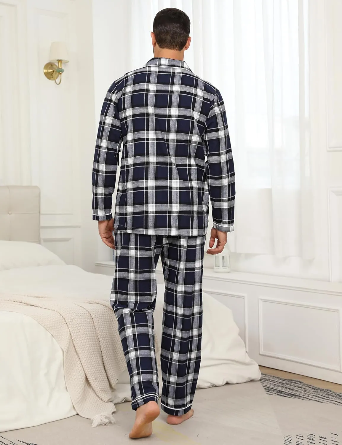 MoFiz Mens Pajama Set Soft Cotton Button Down Notched Collar Pjs Long Sleeve 2 Piece Sleepwear Lounge Nightwear with Pocket