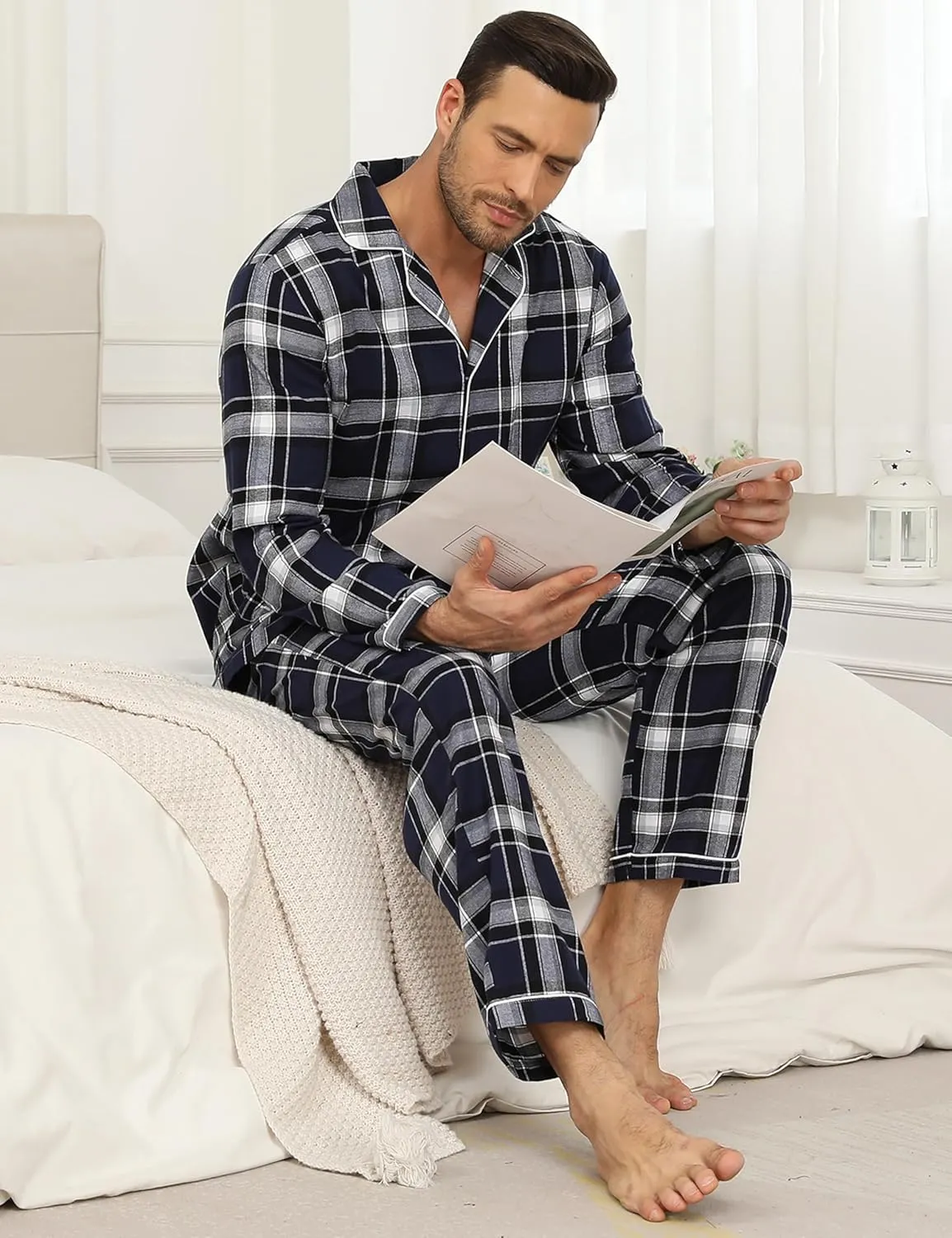 MoFiz Mens Pajama Set Soft Cotton Button Down Notched Collar Pjs Long Sleeve 2 Piece Sleepwear Lounge Nightwear with Pocket