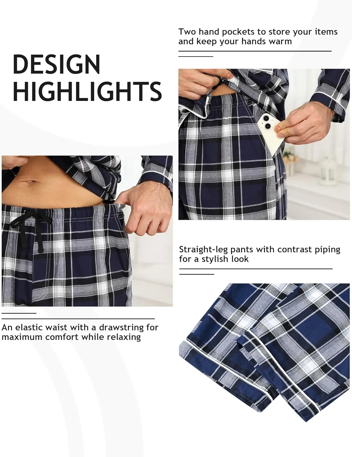 MoFiz Mens Pajama Set Soft Cotton Button Down Notched Collar Pjs Long Sleeve 2 Piece Sleepwear Lounge Nightwear with Pocket