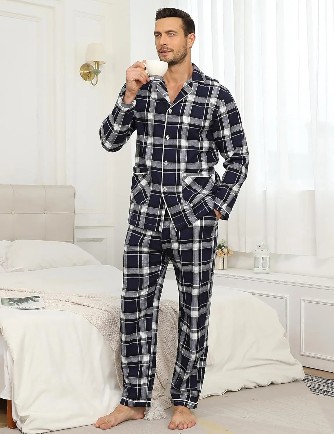 MoFiz Mens Pajama Set Soft Cotton Button Down Notched Collar Pjs Long Sleeve 2 Piece Sleepwear Lounge Nightwear with Pocket