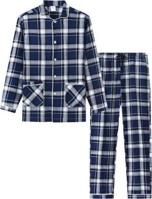 MoFiz Mens Pajama Set Soft Cotton Button Down Notched Collar Pjs Long Sleeve 2 Piece Sleepwear Lounge Nightwear with Pocket