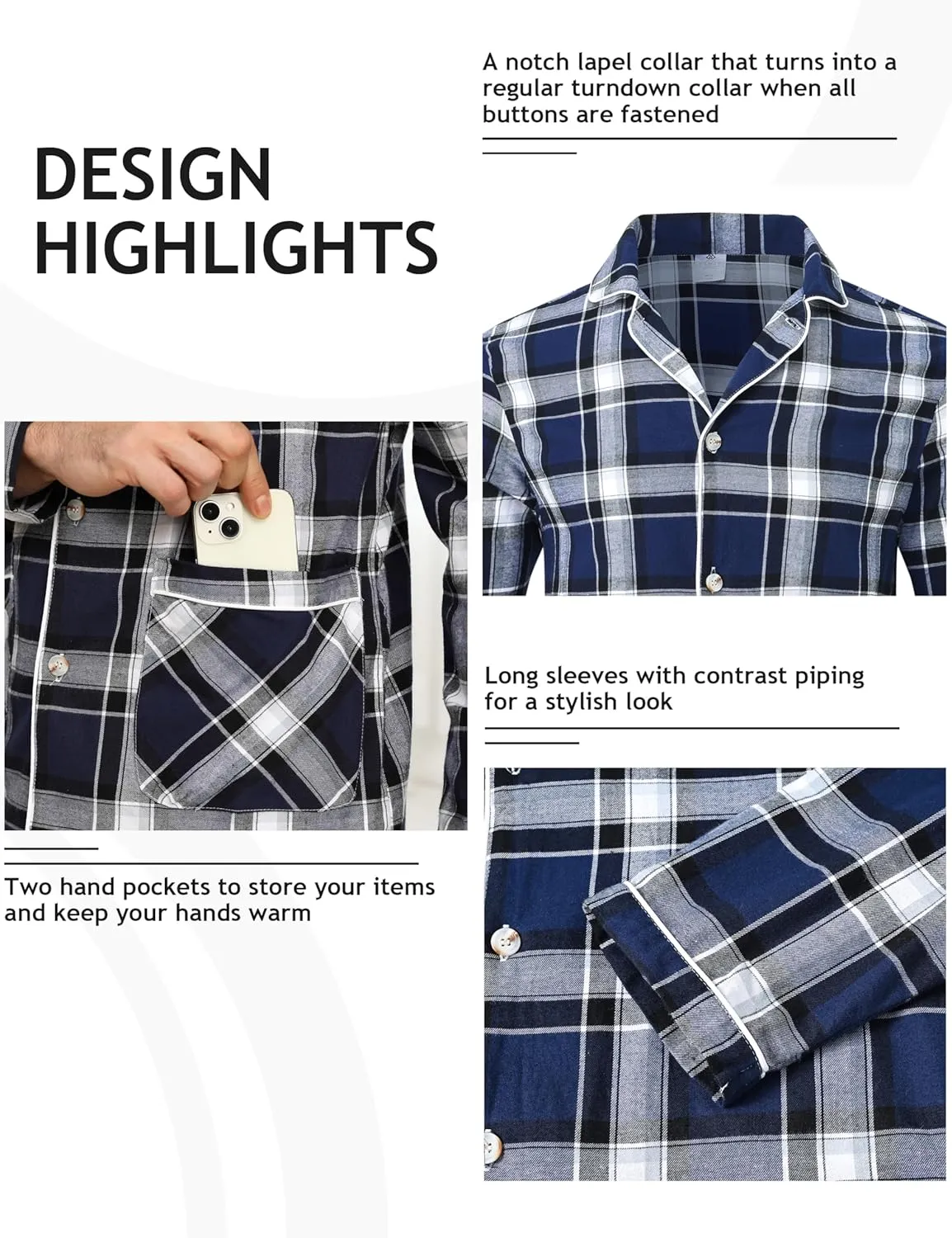 MoFiz Mens Pajama Set Soft Cotton Button Down Notched Collar Pjs Long Sleeve 2 Piece Sleepwear Lounge Nightwear with Pocket