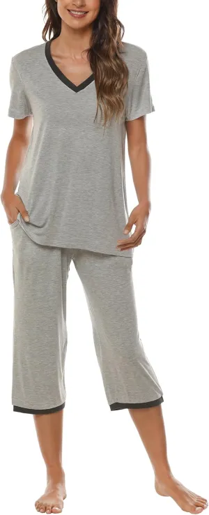 MoFiz Women's Capri Pajama Sets Short Sleeve Sleepwear Tops with Capri Pants 2 Piece V Neck Summer Pjs with Pockets