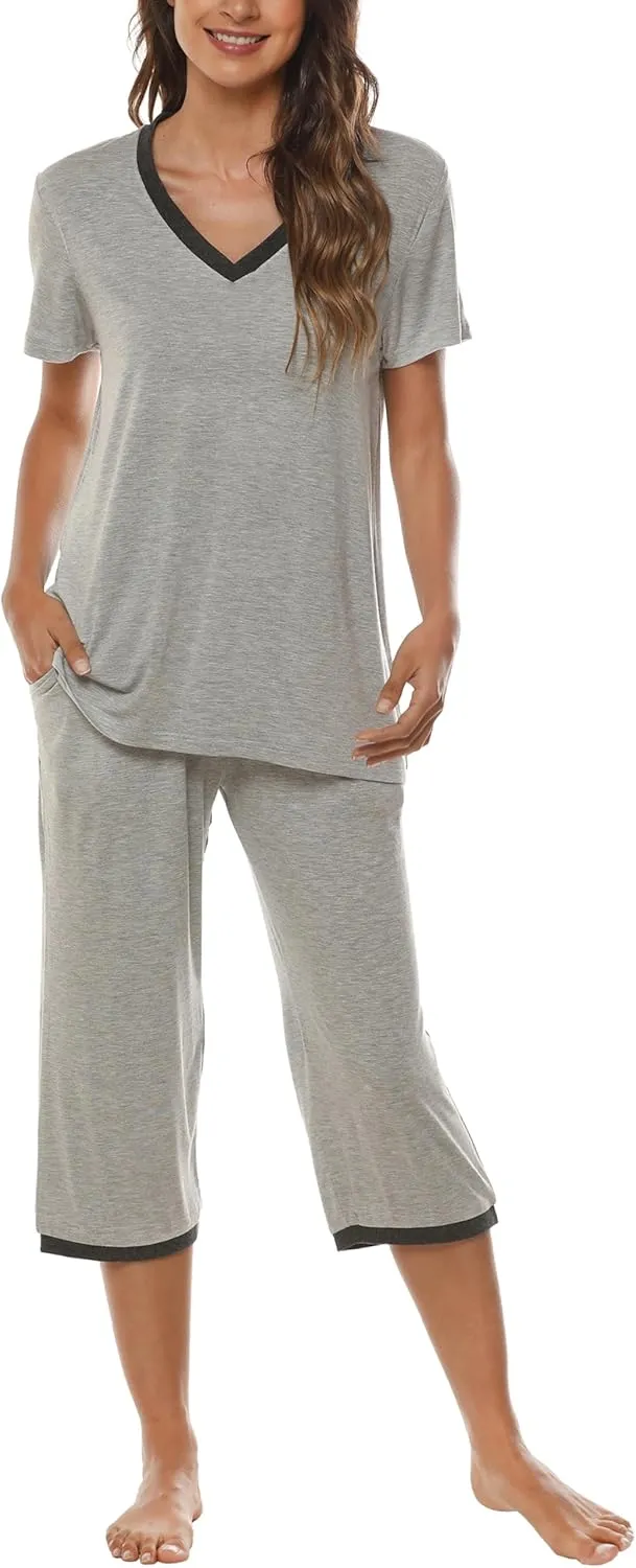 MoFiz Women's Capri Pajama Sets Short Sleeve Sleepwear Tops with Capri Pants 2 Piece V Neck Summer Pjs with Pockets