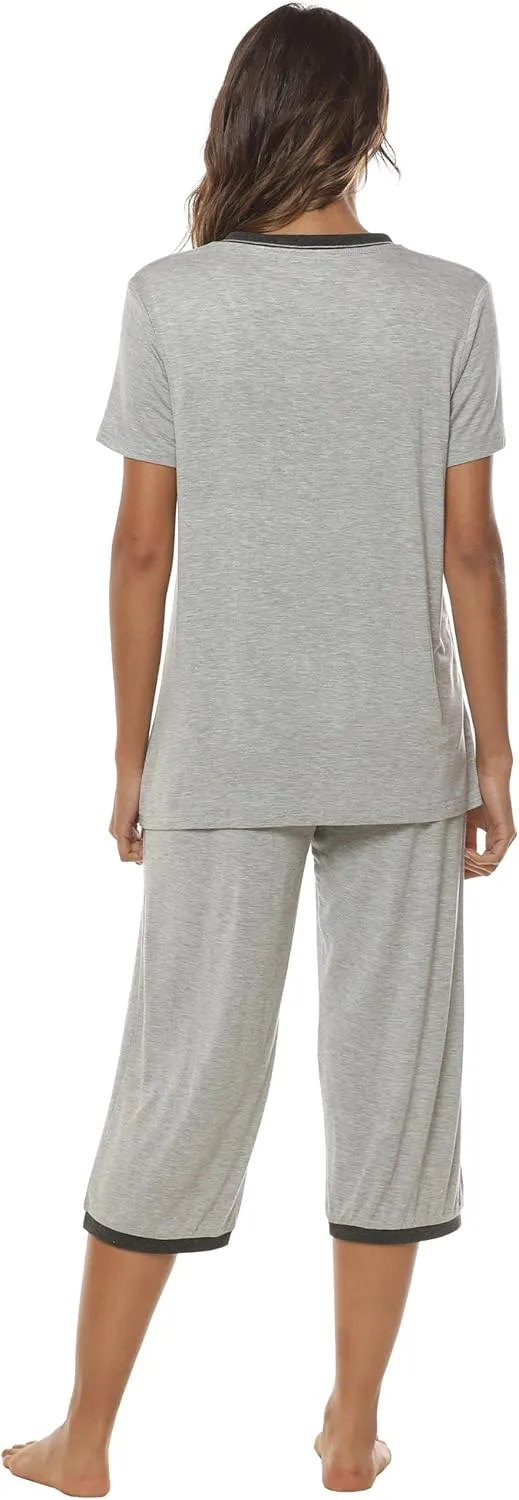 MoFiz Women's Capri Pajama Sets Short Sleeve Sleepwear Tops with Capri Pants 2 Piece V Neck Summer Pjs with Pockets