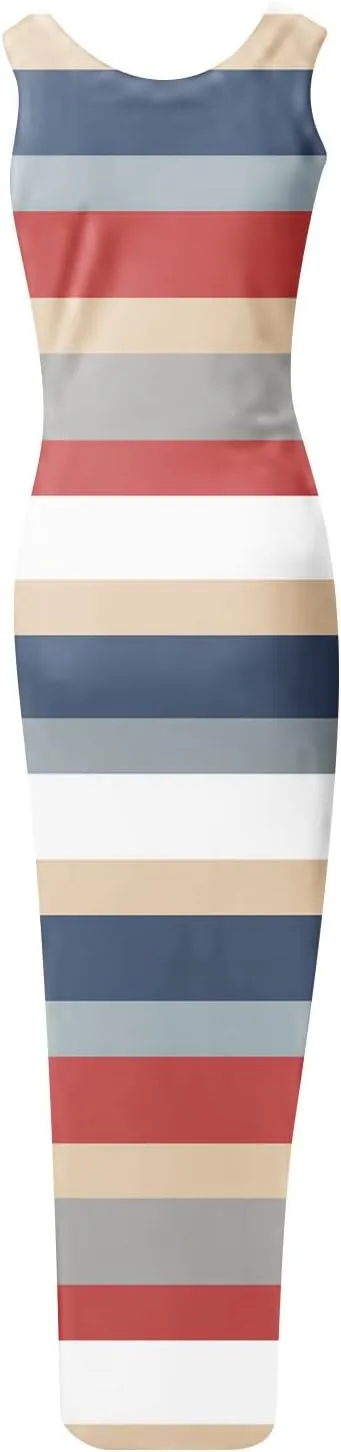 Muscularfit Sexy Elegant Striped Dresses for Women 2023 Casual Scoop Neck Tank Dress Slim Fitting Side Split Long Maxi Dress