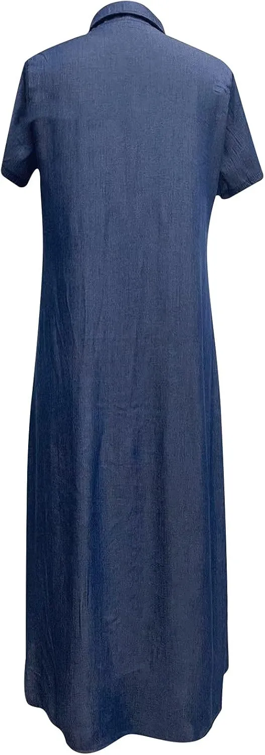 NaRHbrg Plus Size Dresses for Women Summer Denim Shirt Dress Short Sleeves Button Down Casual Maxi Dress Beach Sundress