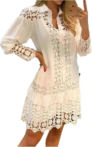 NaRHbrg Women Casual Spring Summer Dresses Long Sleeve Mini Dress Hollow Out Eyelet Embroidery Ruffle A Line Swing Dresses