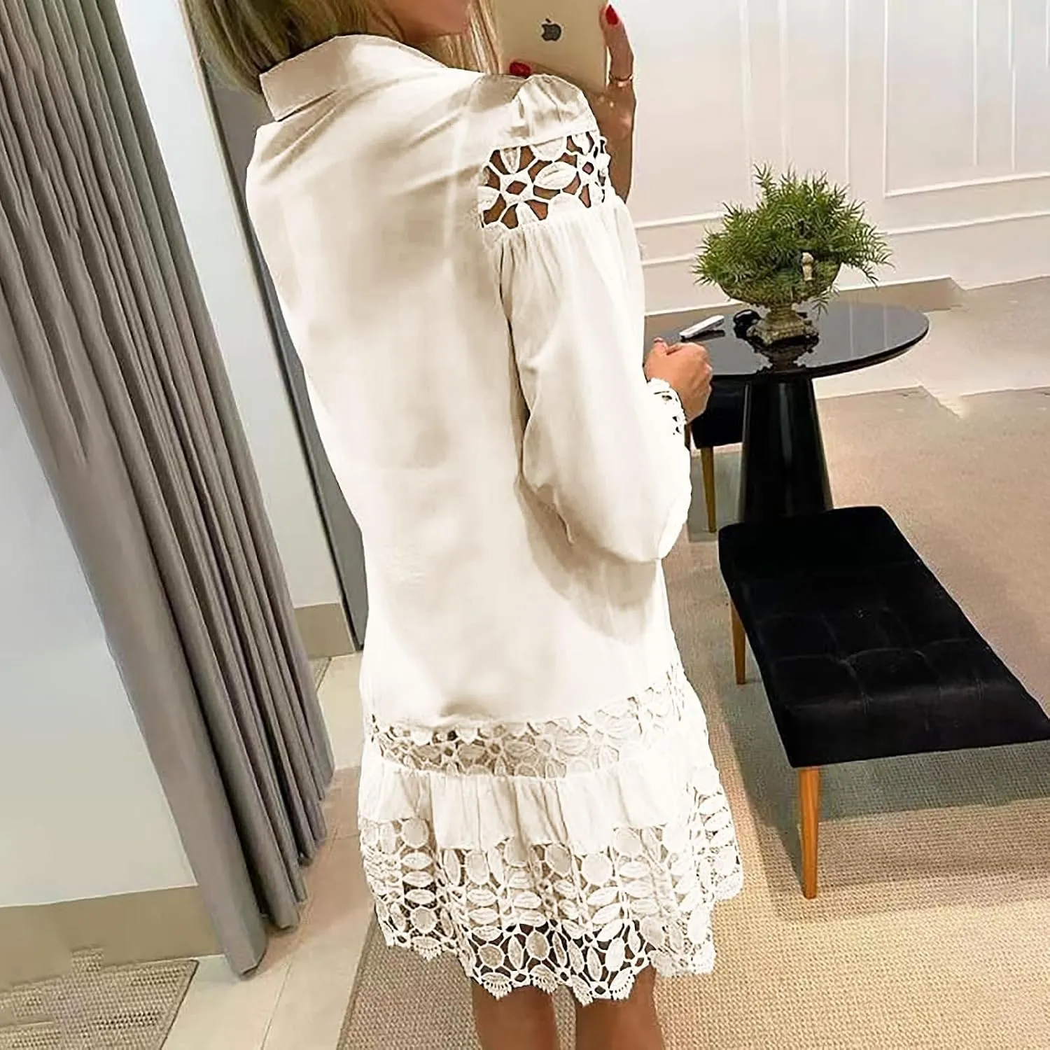 NaRHbrg Women Casual Spring Summer Dresses Long Sleeve Mini Dress Hollow Out Eyelet Embroidery Ruffle A Line Swing Dresses