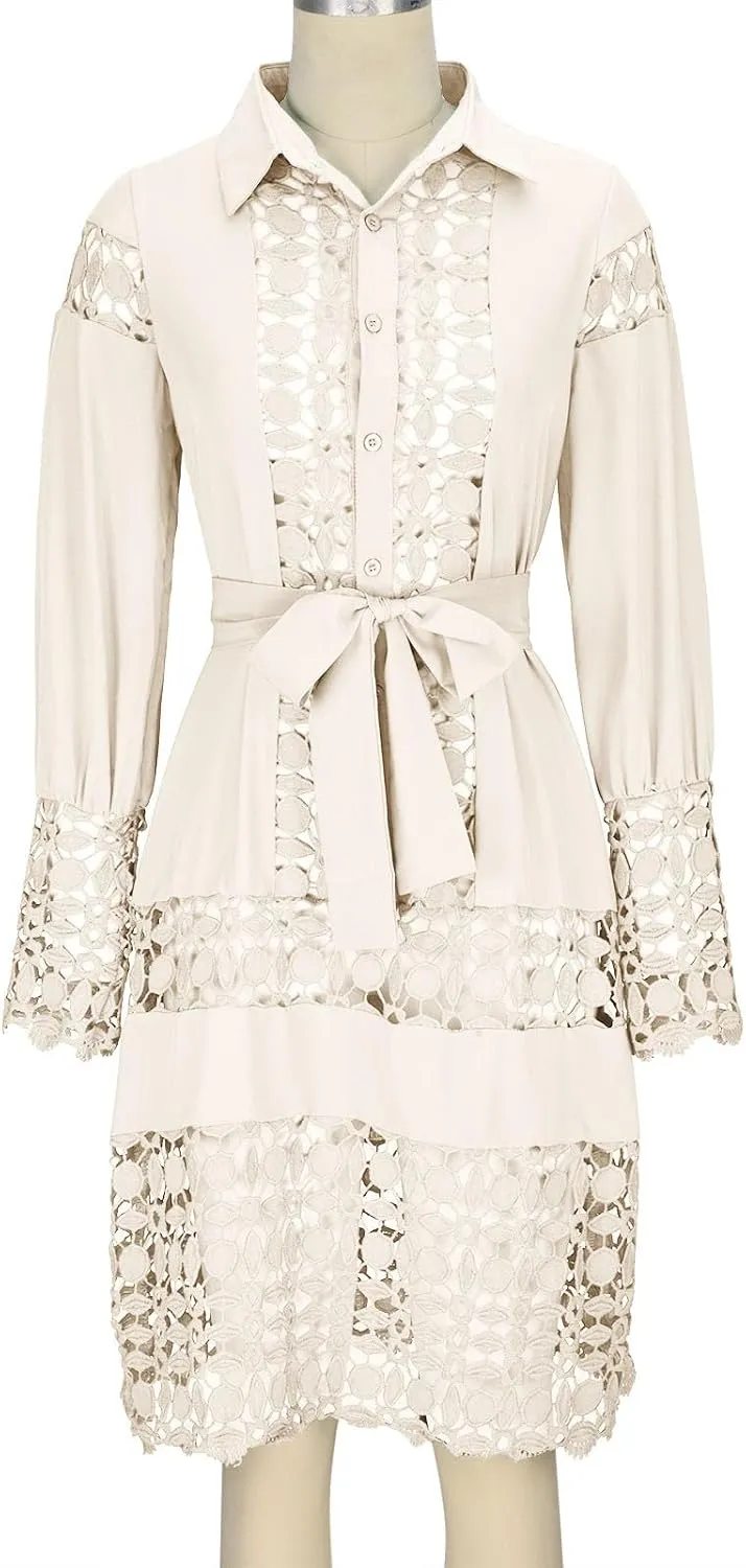 NaRHbrg Women Casual Spring Summer Dresses Long Sleeve Mini Dress Hollow Out Eyelet Embroidery Ruffle A Line Swing Dresses