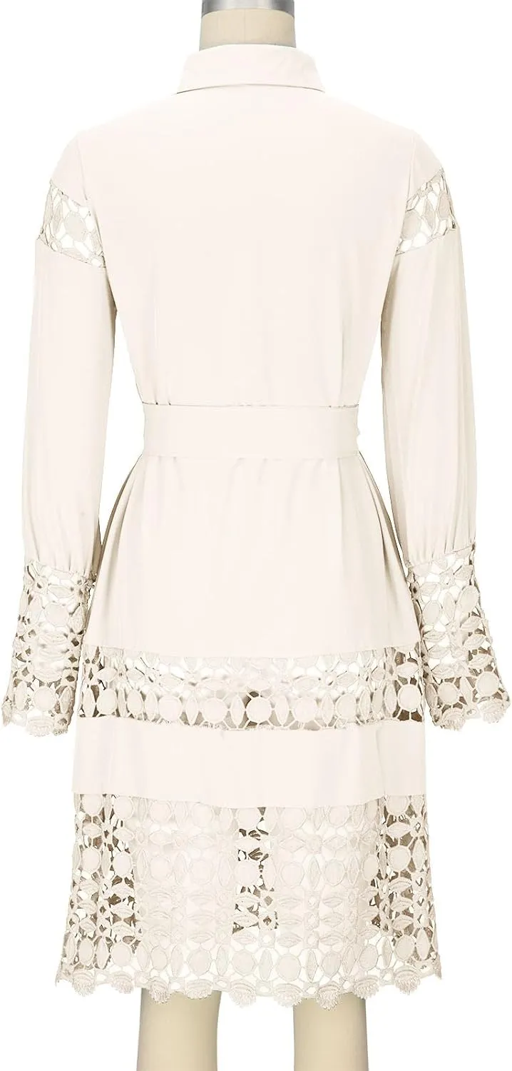 NaRHbrg Women Casual Spring Summer Dresses Long Sleeve Mini Dress Hollow Out Eyelet Embroidery Ruffle A Line Swing Dresses