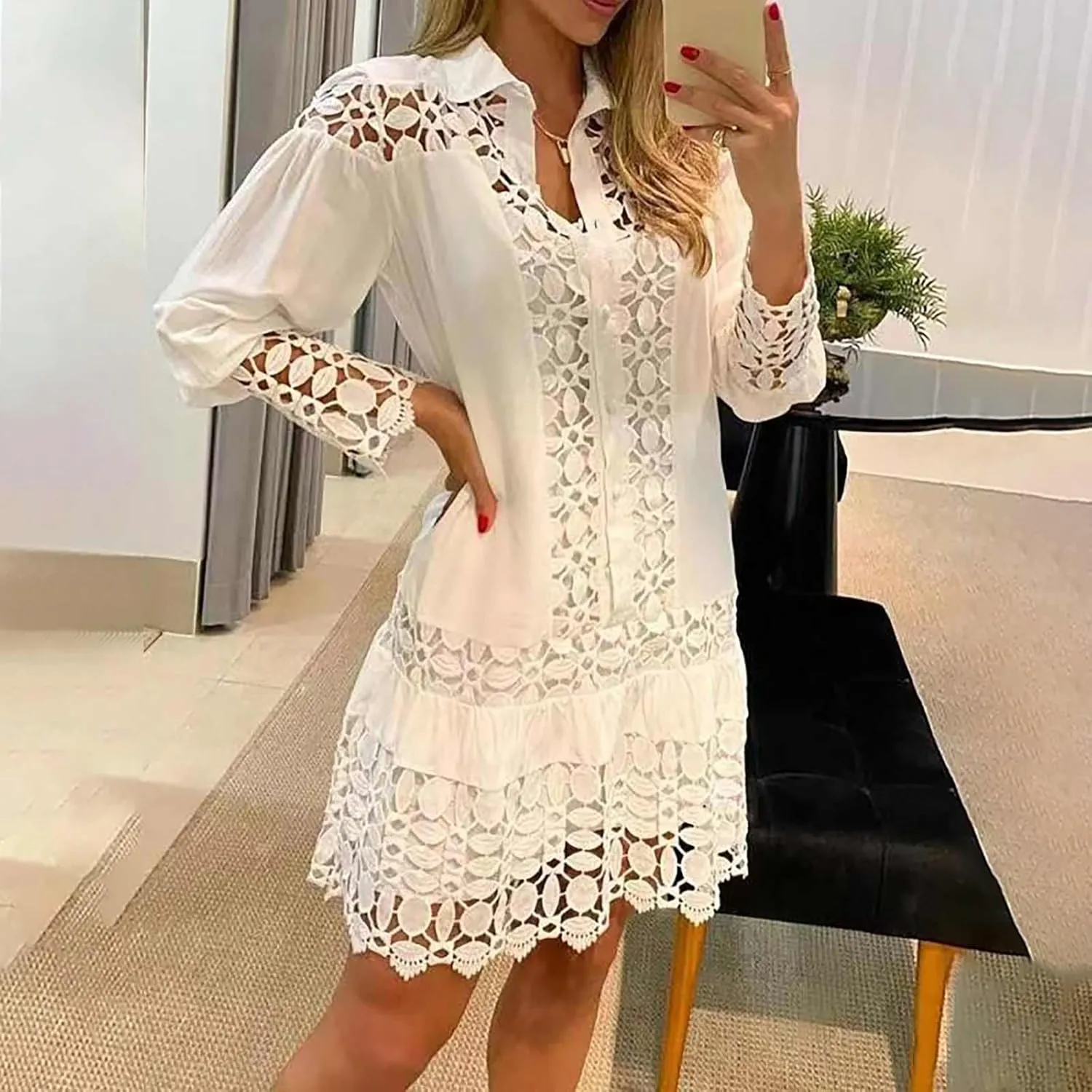 NaRHbrg Women Casual Spring Summer Dresses Long Sleeve Mini Dress Hollow Out Eyelet Embroidery Ruffle A Line Swing Dresses