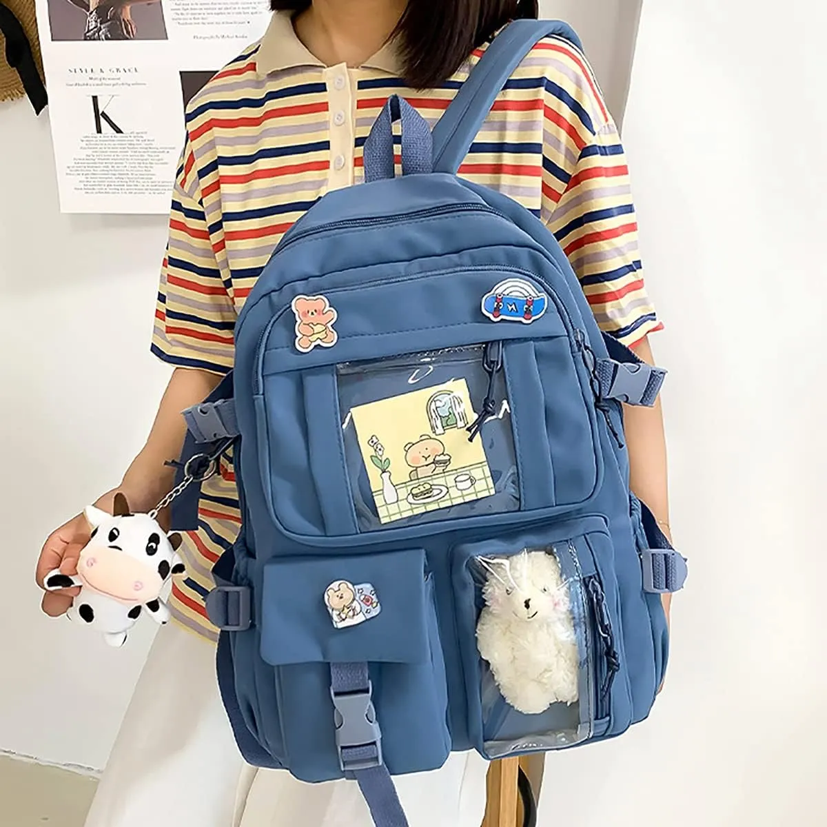 New Aesthetic Backpack Kawaii Backpack with Badge Pins Keychain Pendant Light Weight Travel Backpack